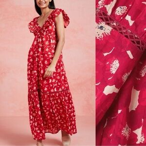 Ro's Garden Jasmin 100% Cotton Red Floral V Neck Ruffle Sleeve Maxi Dress Medium
